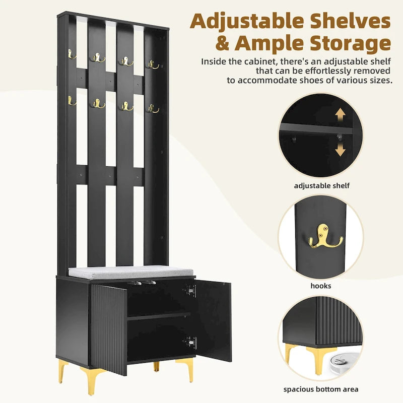 4-in-1 Hall Tree with Cushion, Coat Rack with 8 Gold Hooks and Legs, Entryway Bench with Adjustable Shelves & Fluted Doors
