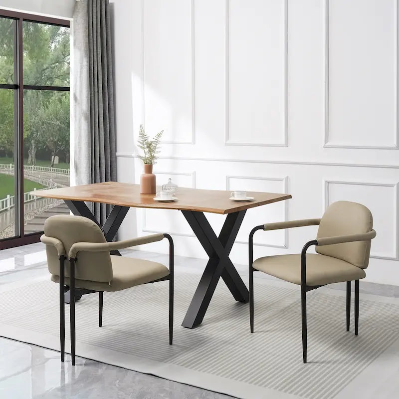 Upholstered Dining Chair Set of 2 | Iron Frame | Beige Fabric | 250 lb | 21.75W x 30.75H