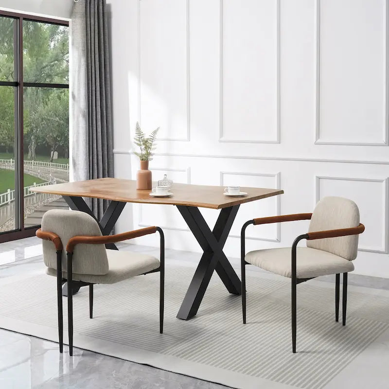Upholstered Dining Chair Set of 2 | Iron Frame | Beige Fabric | 250 lb | 21.75W x 30.75H