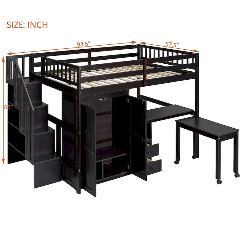 Full Loft Bed with Stairs, Built-in Desk & 5-in-1 Storage