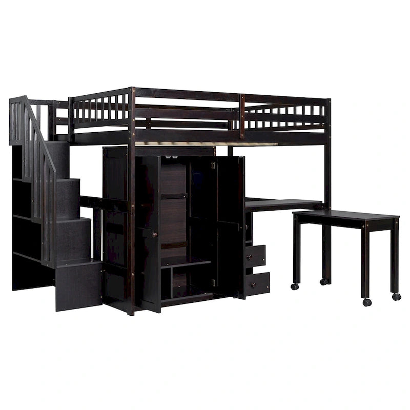 Full Loft Bed with Stairs, Built-in Desk & 5-in-1 Storage