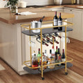 Gold Rolling Bar Cart | Wine Rack 9 Bottles | Glass Holder 8 Goblets | 60 lb/Shelf | Lockable