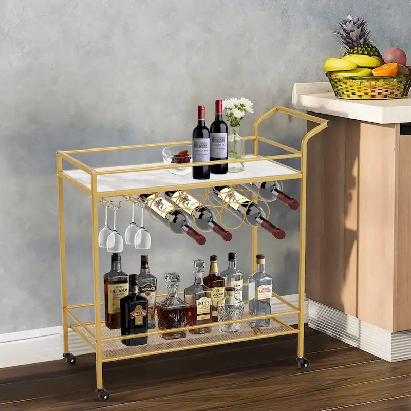 Gold Rolling Bar Cart | Wine Rack 9 Bottles | Glass Holder 8 Goblets | 60 lb/Shelf | Lockable