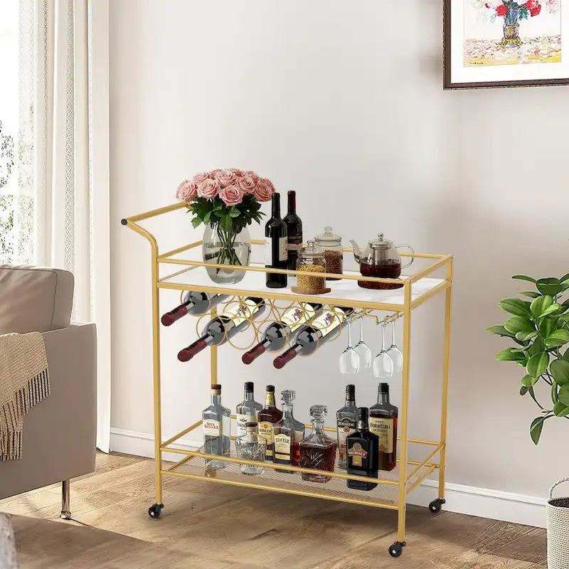 Gold Rolling Bar Cart | Wine Rack 9 Bottles | Glass Holder 8 Goblets | 60 lb/Shelf | Lockable