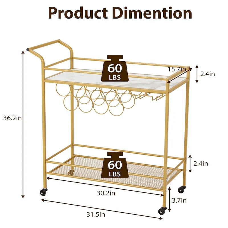 Gold Rolling Bar Cart | Wine Rack 9 Bottles | Glass Holder 8 Goblets | 60 lb/Shelf | Lockable