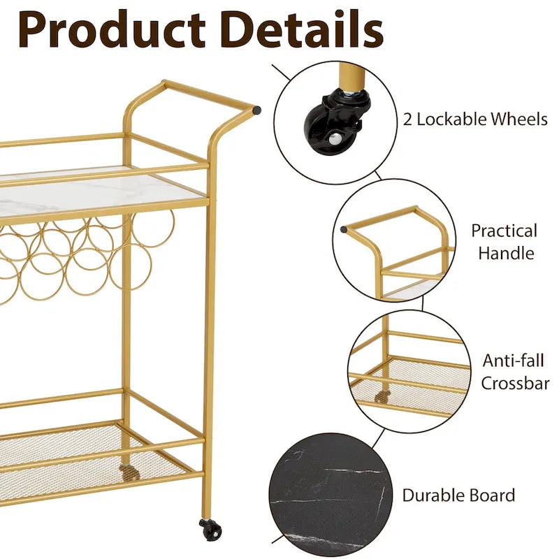 Gold Rolling Bar Cart | Wine Rack 9 Bottles | Glass Holder 8 Goblets | 60 lb/Shelf | Lockable