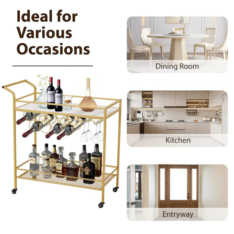 Gold Rolling Bar Cart | Wine Rack 9 Bottles | Glass Holder 8 Goblets | 60 lb/Shelf | Lockable