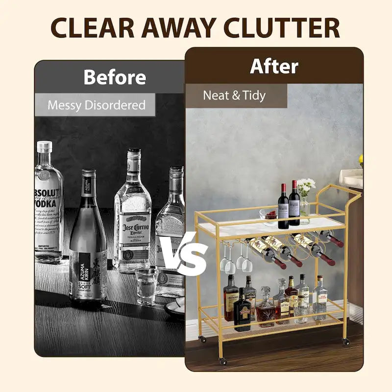 Gold Rolling Bar Cart | Wine Rack 9 Bottles | Glass Holder 8 Goblets | 60 lb/Shelf | Lockable