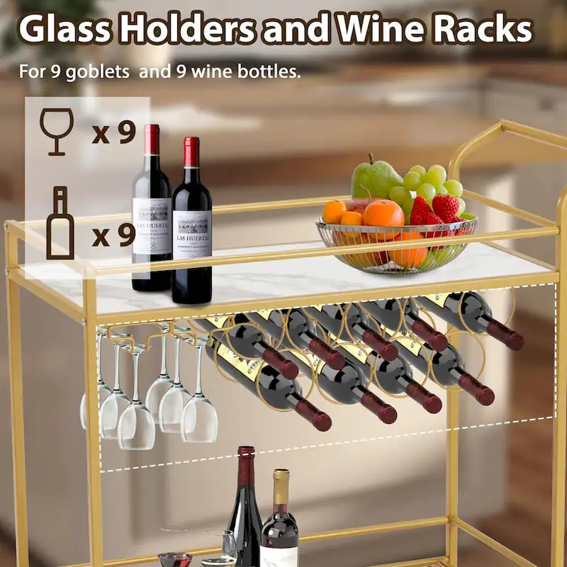 Gold Rolling Bar Cart | Wine Rack 9 Bottles | Glass Holder 8 Goblets | 60 lb/Shelf | Lockable