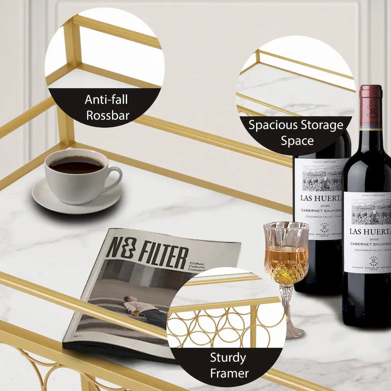 Gold Rolling Bar Cart | Wine Rack 9 Bottles | Glass Holder 8 Goblets | 60 lb/Shelf | Lockable