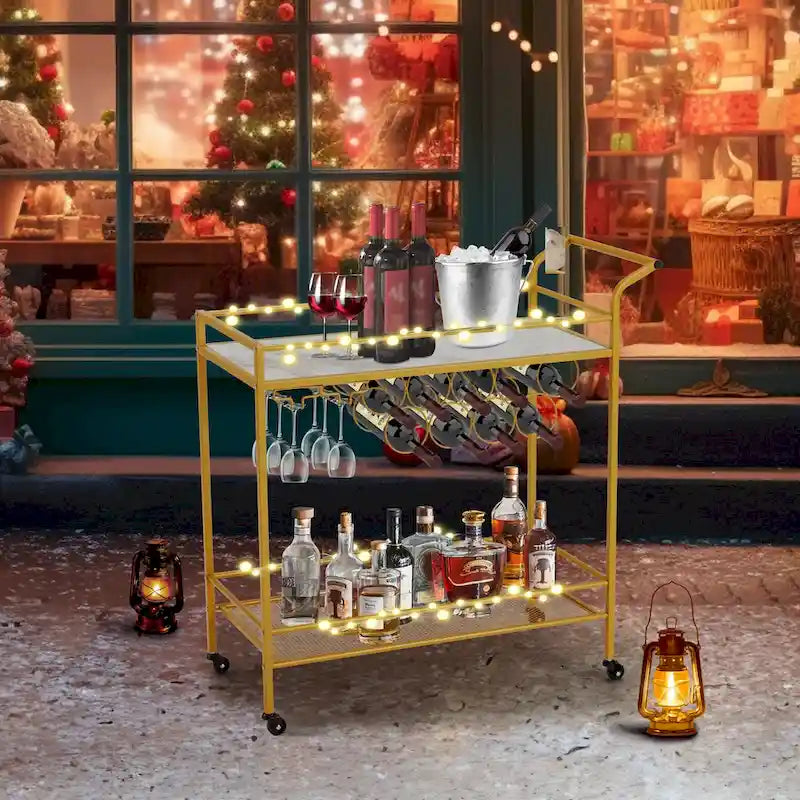 Gold Rolling Bar Cart | Wine Rack 9 Bottles | Glass Holder 8 Goblets | 60 lb/Shelf | Lockable