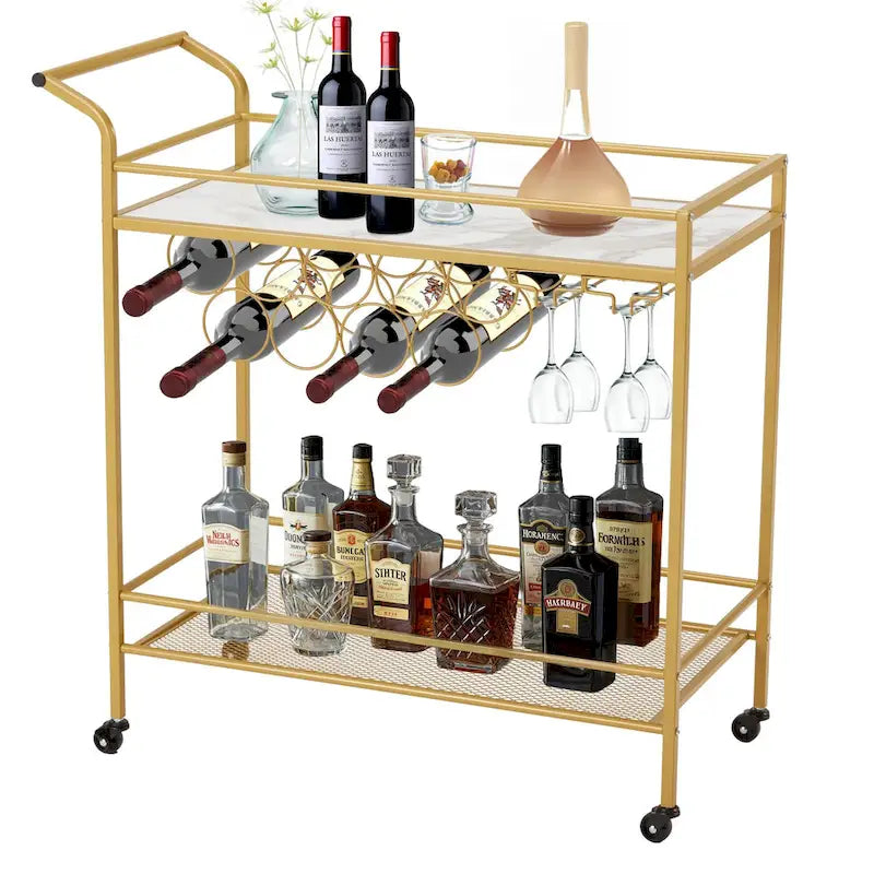 Gold Rolling Bar Cart | Wine Rack 9 Bottles | Glass Holder 8 Goblets | 60 lb/Shelf | Lockable