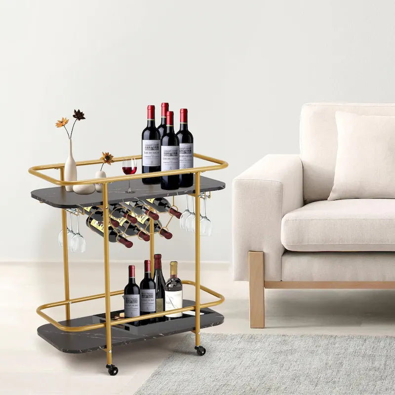 Gold Rolling Bar Cart | Wine Rack 9 Bottles | Glass Holder 8 Goblets | 60 lb/Shelf | Lockable