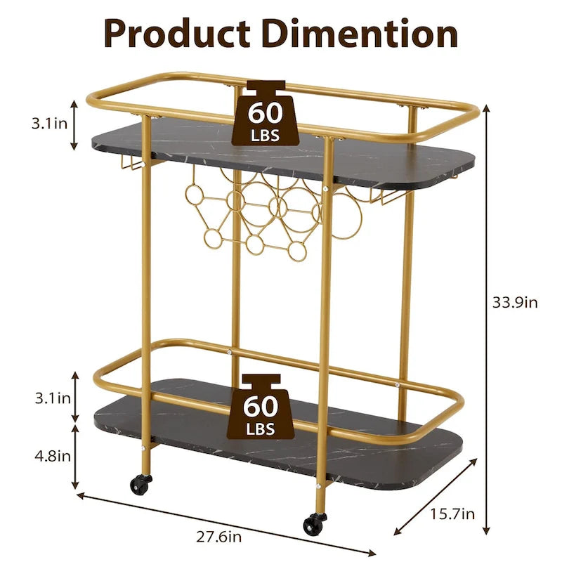 Gold Rolling Bar Cart | Wine Rack 9 Bottles | Glass Holder 8 Goblets | 60 lb/Shelf | Lockable