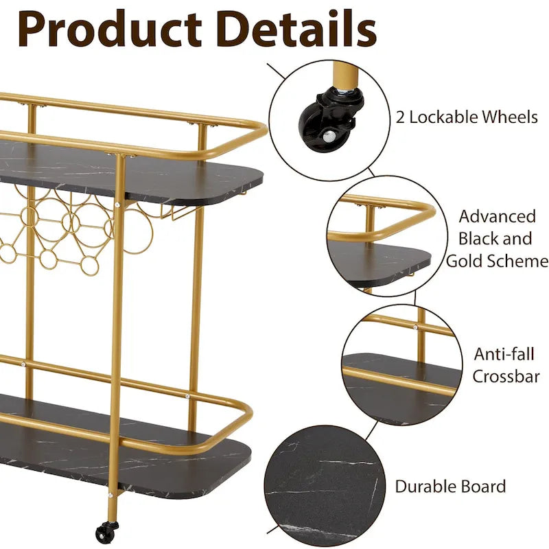 Gold Rolling Bar Cart | Wine Rack 9 Bottles | Glass Holder 8 Goblets | 60 lb/Shelf | Lockable
