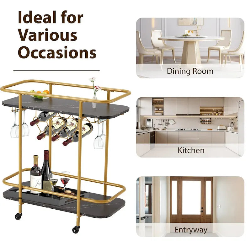 Gold Rolling Bar Cart | Wine Rack 9 Bottles | Glass Holder 8 Goblets | 60 lb/Shelf | Lockable