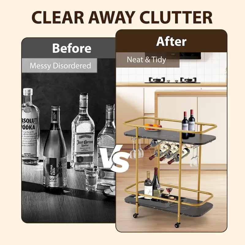 Gold Rolling Bar Cart | Wine Rack 9 Bottles | Glass Holder 8 Goblets | 60 lb/Shelf | Lockable