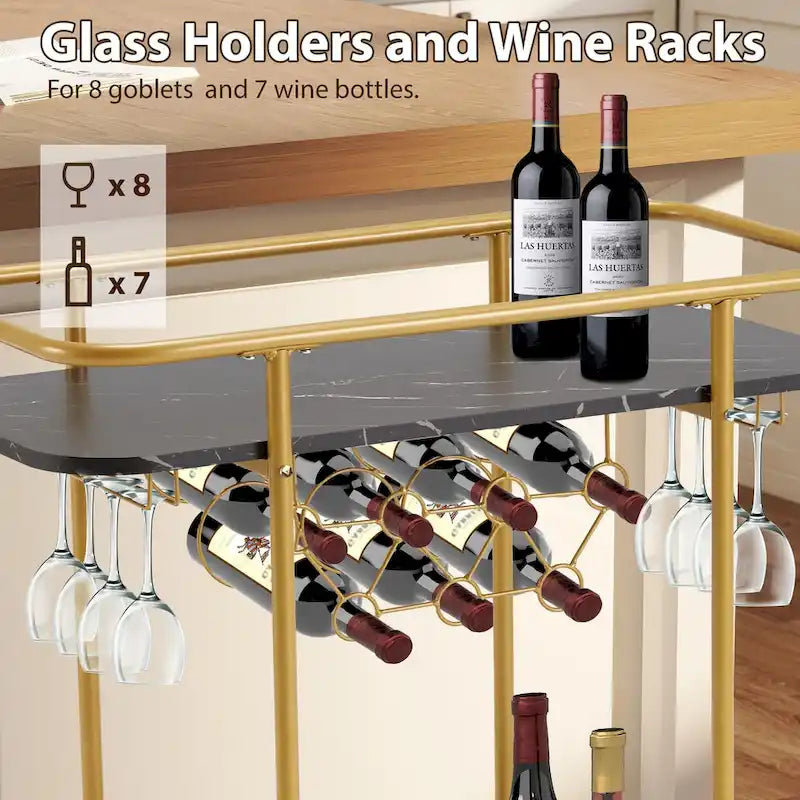 Gold Rolling Bar Cart | Wine Rack 9 Bottles | Glass Holder 8 Goblets | 60 lb/Shelf | Lockable
