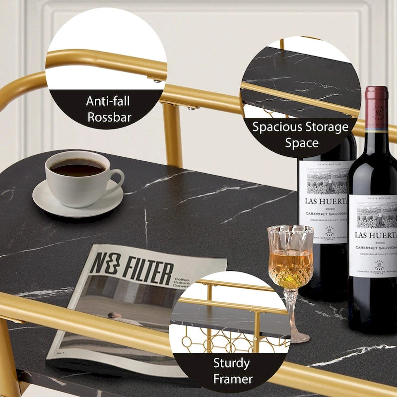 Gold Rolling Bar Cart | Wine Rack 9 Bottles | Glass Holder 8 Goblets | 60 lb/Shelf | Lockable