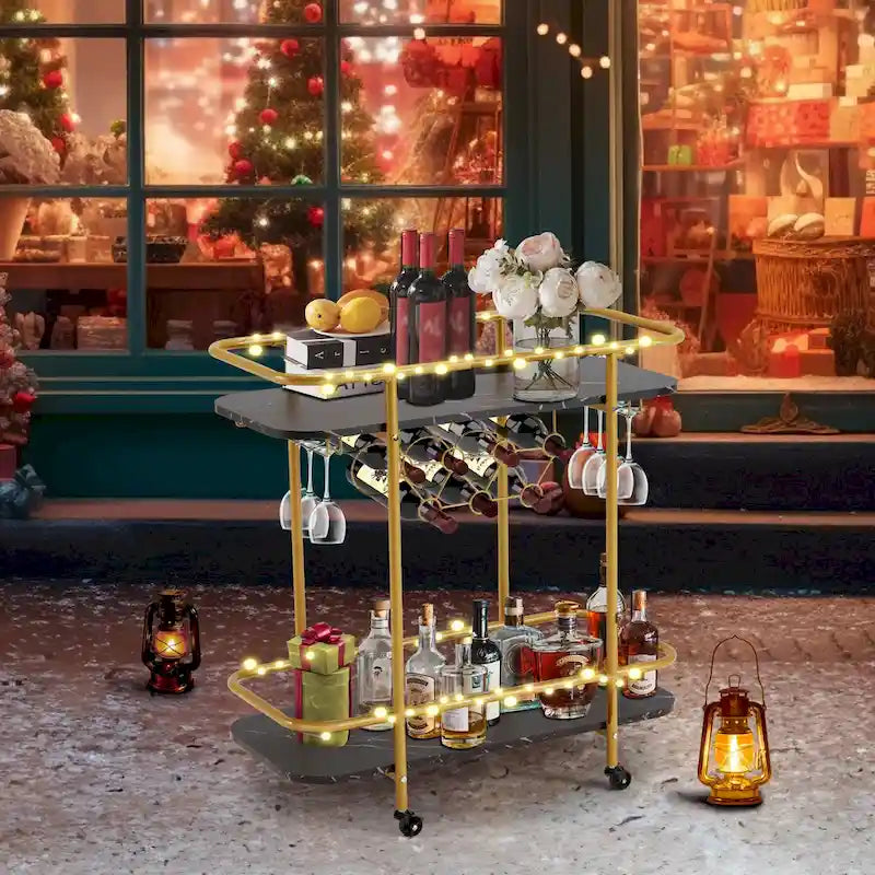 Gold Rolling Bar Cart | Wine Rack 9 Bottles | Glass Holder 8 Goblets | 60 lb/Shelf | Lockable