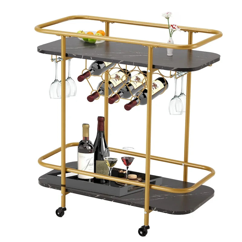 Gold Rolling Bar Cart | Wine Rack 9 Bottles | Glass Holder 8 Goblets | 60 lb/Shelf | Lockable