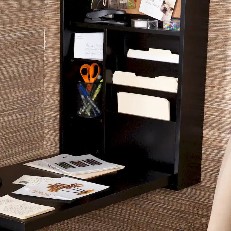 Murphy Fold-Out Convertible Desk | Black | 2 Shelves | Corkboard | Bill Organizer | 20 lb
