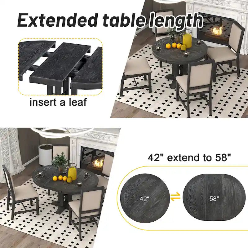 TREXM Farmhouse Dining Table Extendable Round Table for Kitchen and Dining Room