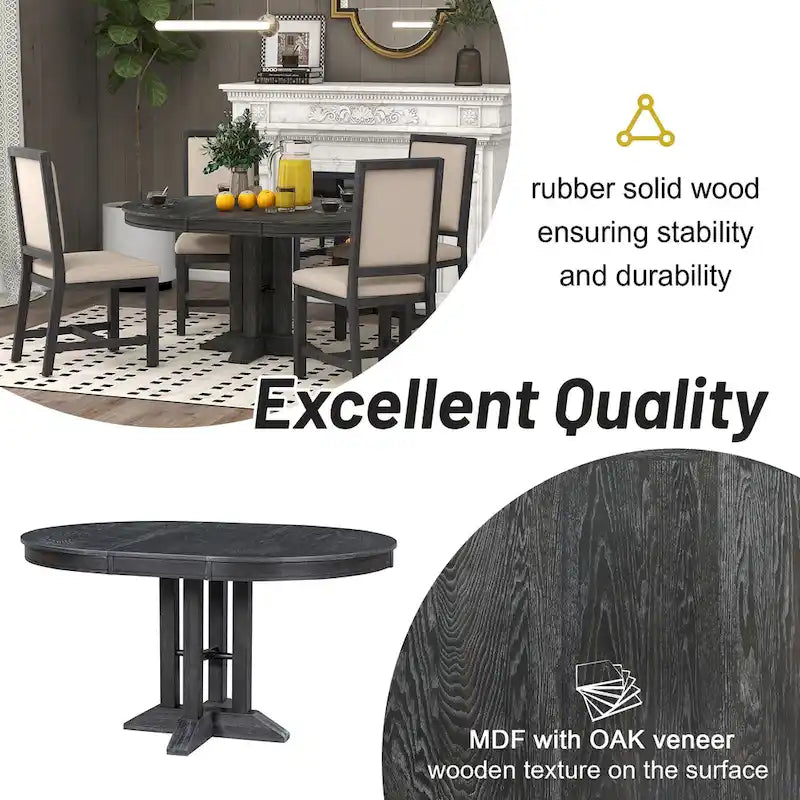 TREXM Farmhouse Dining Table Extendable Round Table for Kitchen and Dining Room