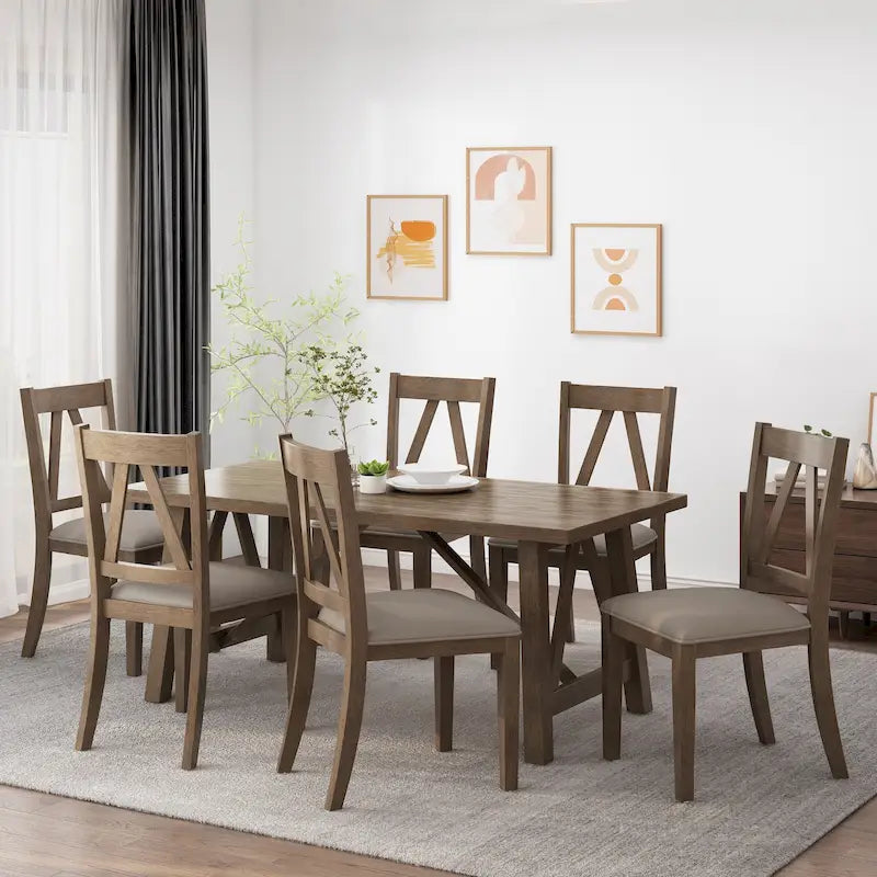 7-Piece Farmhouse Dining Set | 71W Table + 6 Faux Leather Chairs | Rubberwood | Antique Brown
