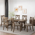 7-Piece Farmhouse Dining Set | 71W Table + 6 Faux Leather Chairs | Rubberwood | Antique Brown
