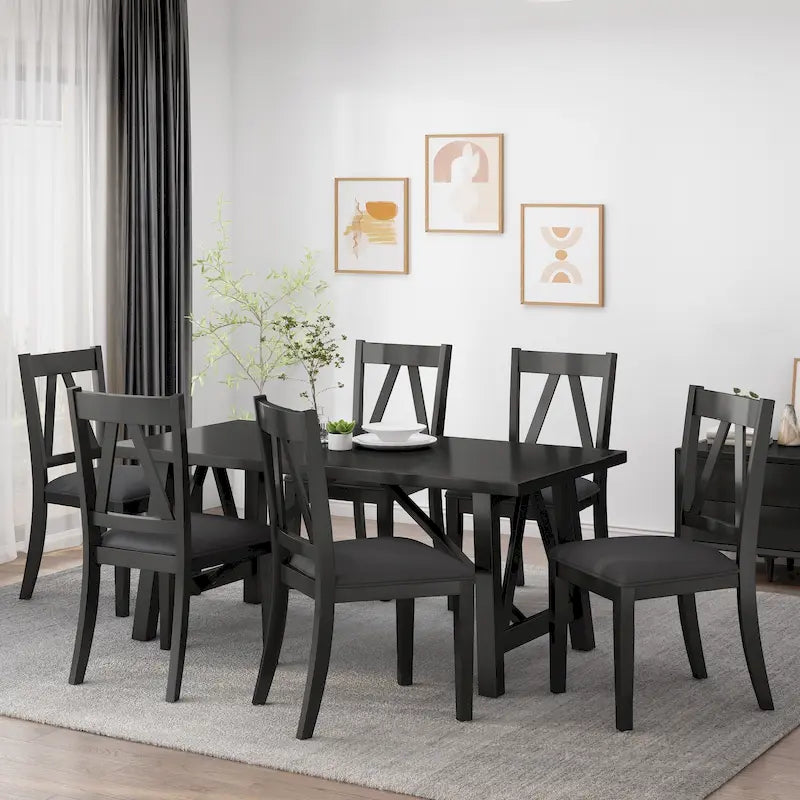 7-Piece Farmhouse Dining Set | 71W Table + 6 Faux Leather Chairs | Rubberwood | Antique Brown