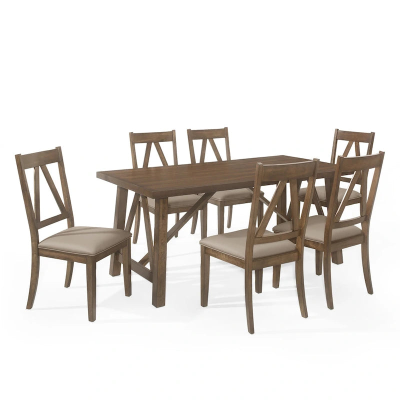 7-Piece Farmhouse Dining Set | 71W Table + 6 Faux Leather Chairs | Rubberwood | Antique Brown