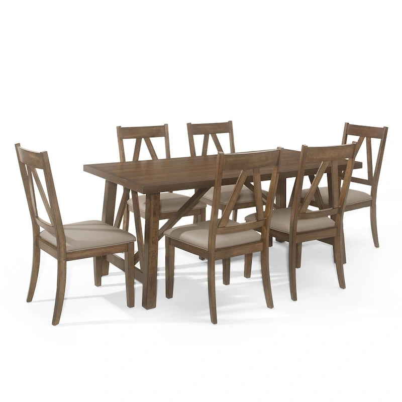 7-Piece Farmhouse Dining Set | 71W Table + 6 Faux Leather Chairs | Rubberwood | Antique Brown