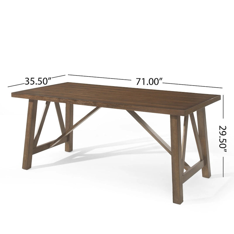 7-Piece Farmhouse Dining Set | 71W Table + 6 Faux Leather Chairs | Rubberwood | Antique Brown