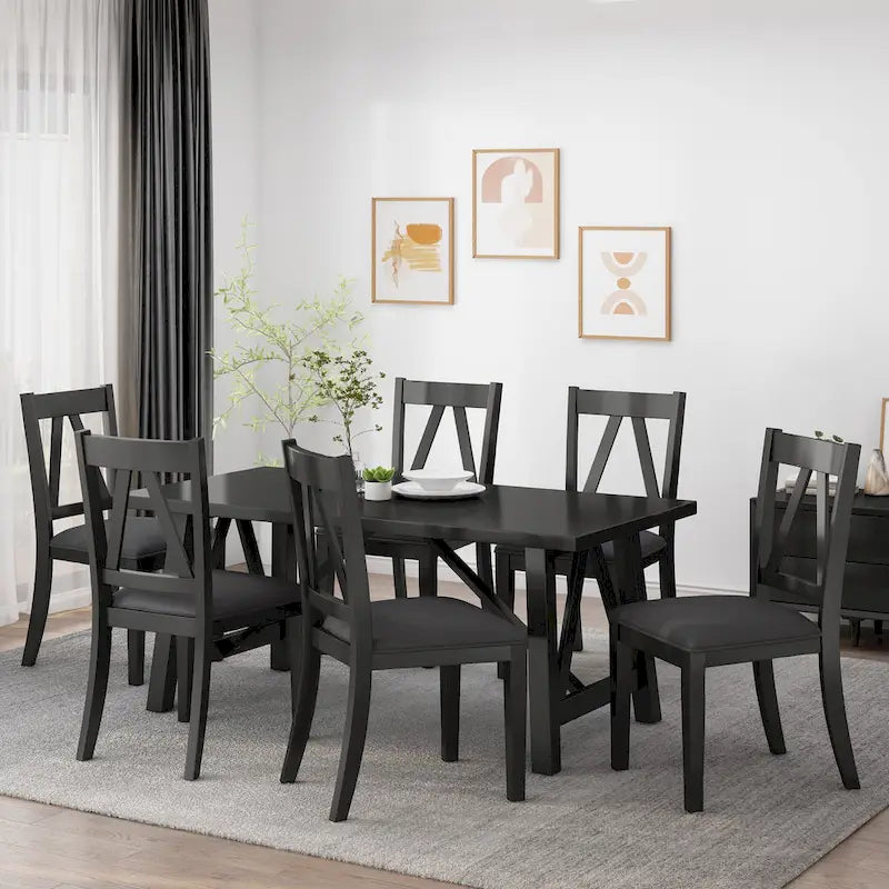 7-Piece Farmhouse Dining Set | 71W Table + 6 Faux Leather Chairs | Rubberwood | Antique Brown