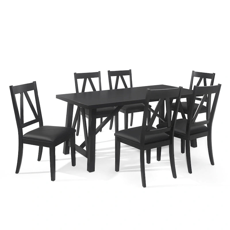 7-Piece Farmhouse Dining Set | 71W Table + 6 Faux Leather Chairs | Rubberwood | Antique Brown