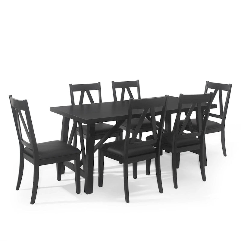 7-Piece Farmhouse Dining Set | 71W Table + 6 Faux Leather Chairs | Rubberwood | Antique Brown