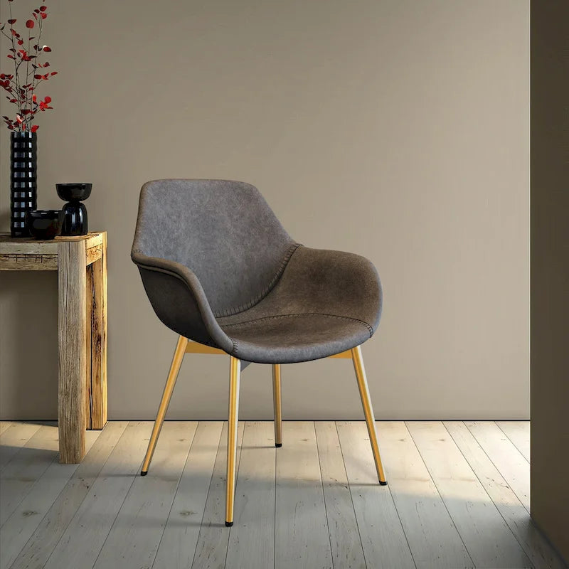Dining Arm Chair Set of 2 | Distressed Leather | Gold Iron Legs | 265 lb Capacity | 33H Modern