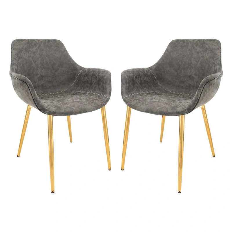 Dining Arm Chair Set of 2 | Distressed Leather | Gold Iron Legs | 265 lb Capacity | 33H Modern