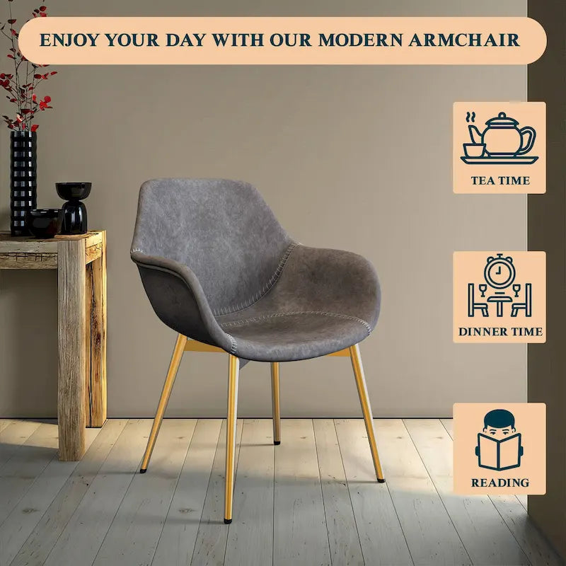 Dining Arm Chair Set of 2 | Distressed Leather | Gold Iron Legs | 265 lb Capacity | 33H Modern