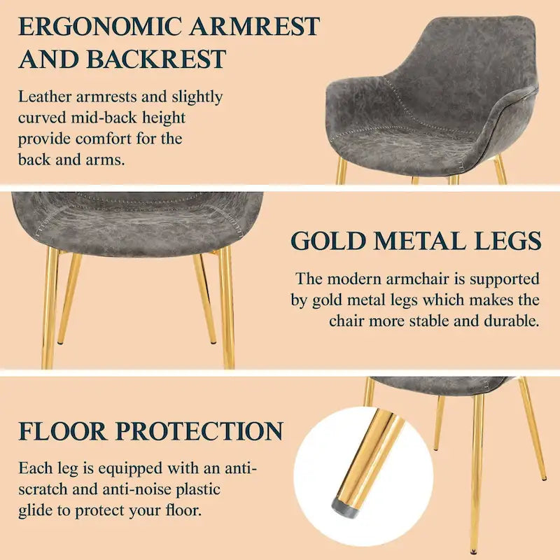 Dining Arm Chair Set of 2 | Distressed Leather | Gold Iron Legs | 265 lb Capacity | 33H Modern