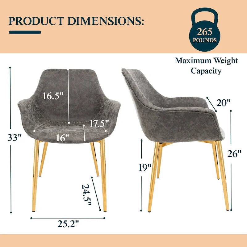 Dining Arm Chair Set of 2 | Distressed Leather | Gold Iron Legs | 265 lb Capacity | 33H Modern