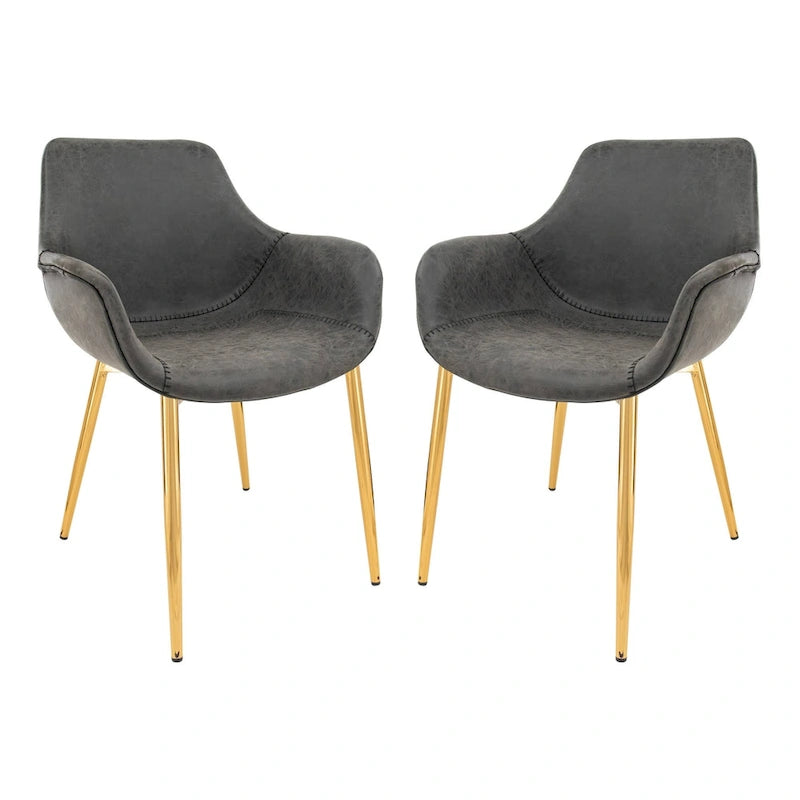 Dining Arm Chair Set of 2 | Distressed Leather | Gold Iron Legs | 265 lb Capacity | 33H Modern