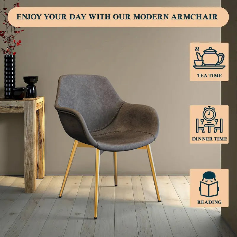 Dining Arm Chair Set of 2 | Distressed Leather | Gold Iron Legs | 265 lb Capacity | 33H Modern