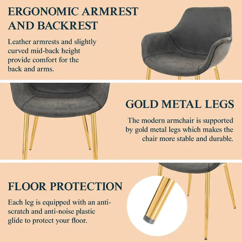 Dining Arm Chair Set of 2 | Distressed Leather | Gold Iron Legs | 265 lb Capacity | 33H Modern