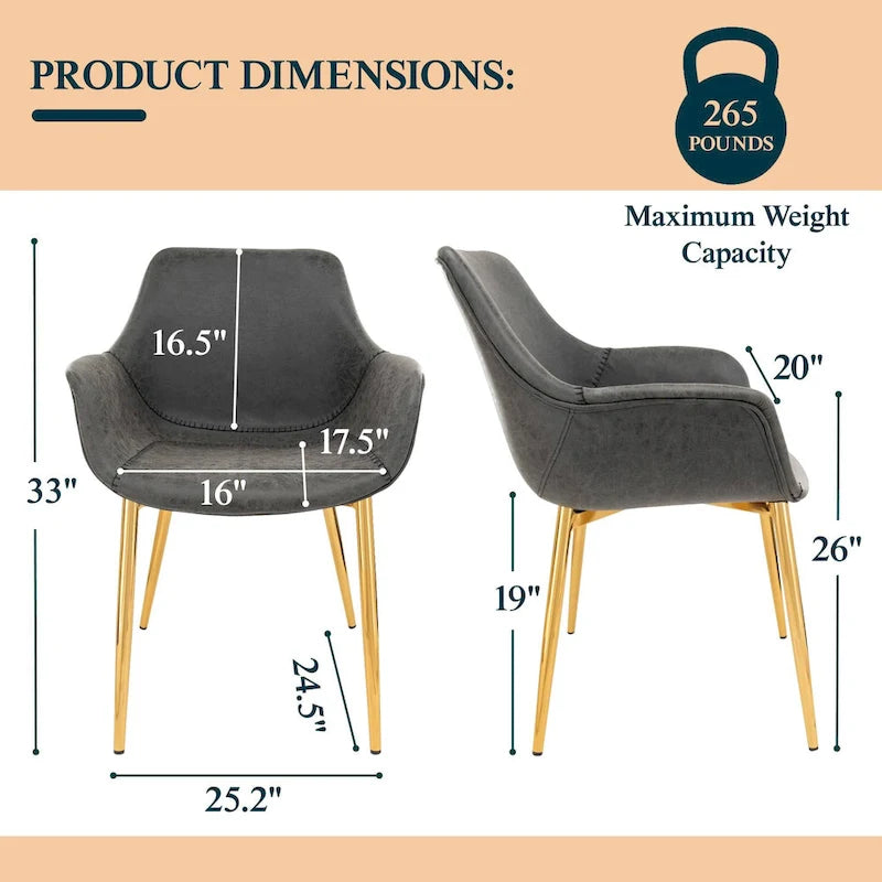 Dining Arm Chair Set of 2 | Distressed Leather | Gold Iron Legs | 265 lb Capacity | 33H Modern