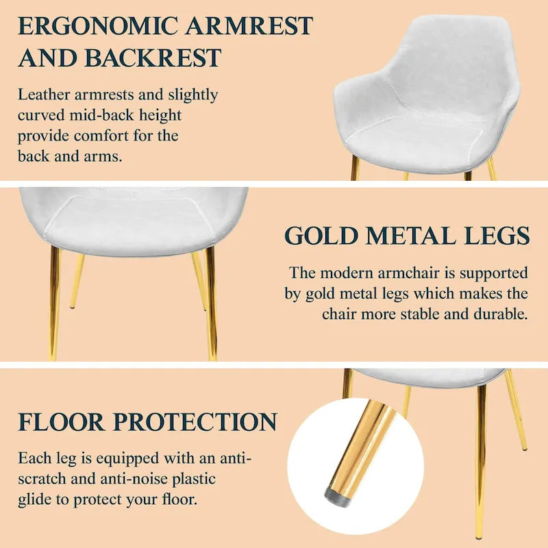 Dining Arm Chair Set of 2 | Distressed Leather | Gold Iron Legs | 265 lb Capacity | 33H Modern