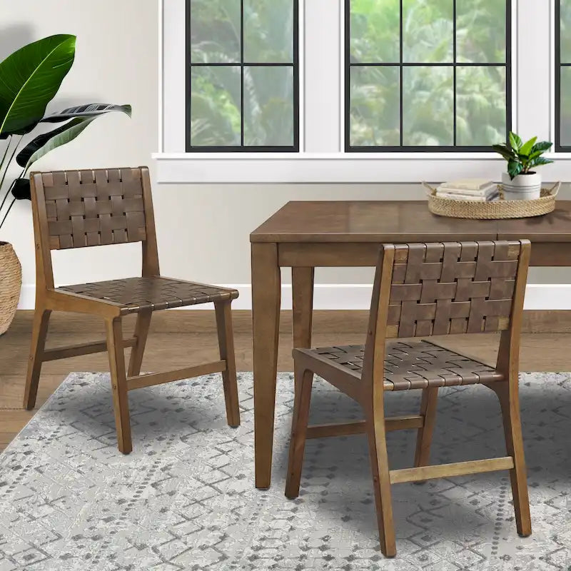 Woven Faux Leather Dining Chair Set of 2 | Mid-Century Modern | Pecan Wood Legs | 300 lb