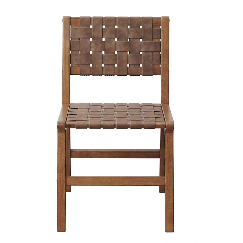 Woven Faux Leather Dining Chair Set of 2 | Mid-Century Modern | Pecan Wood Legs | 300 lb