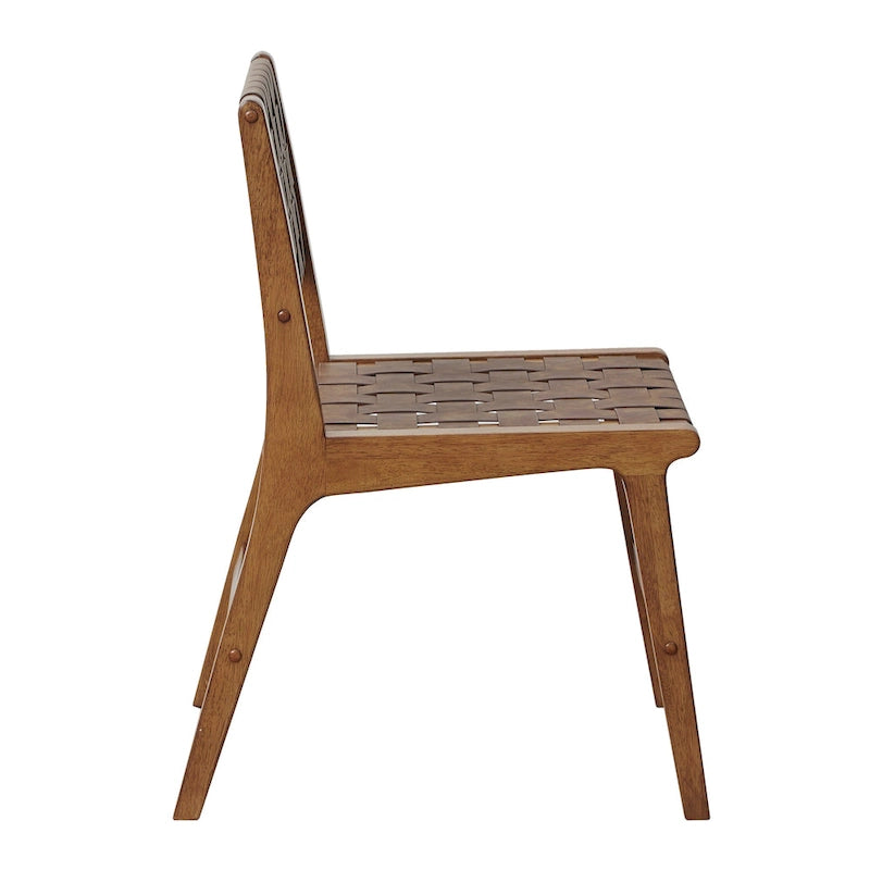 Woven Faux Leather Dining Chair Set of 2 | Mid-Century Modern | Pecan Wood Legs | 300 lb